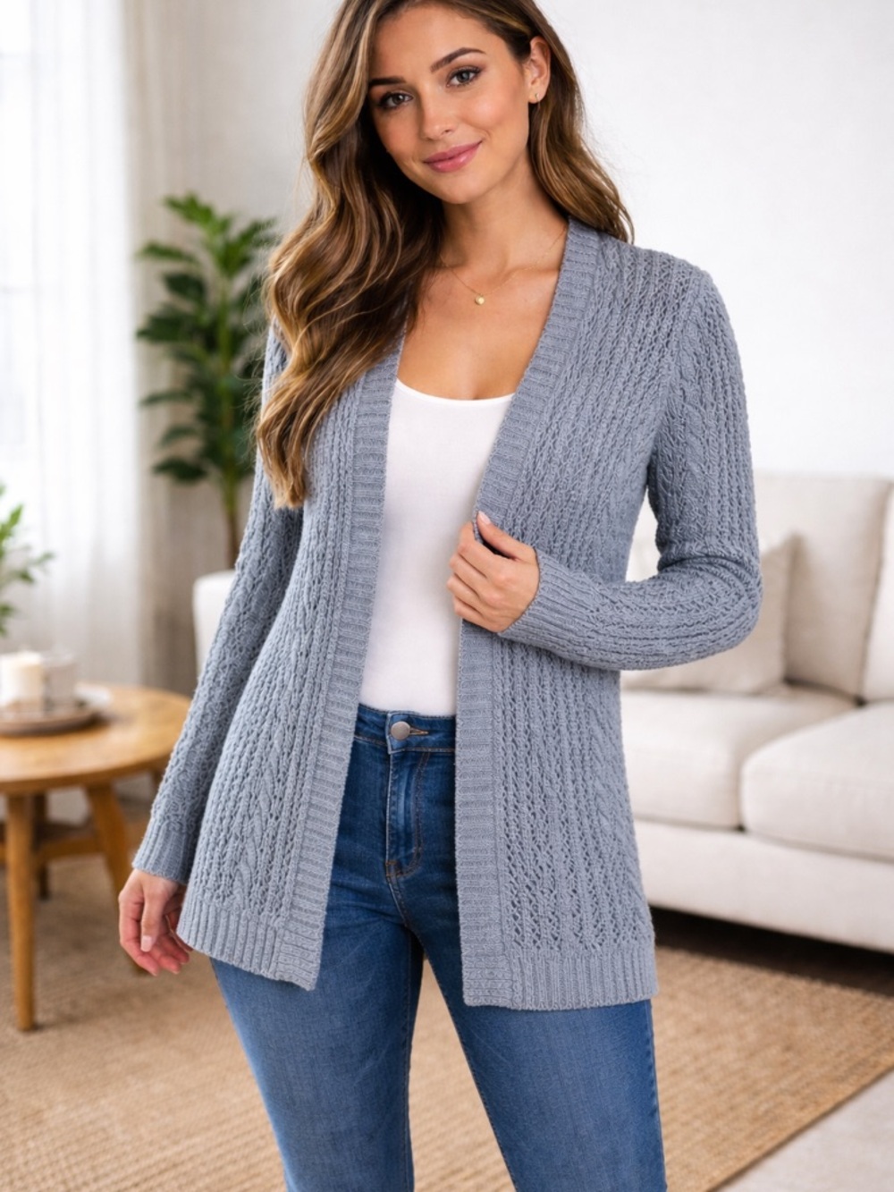 Classic Open-Front Cable Knit Cardigan - Light Blue